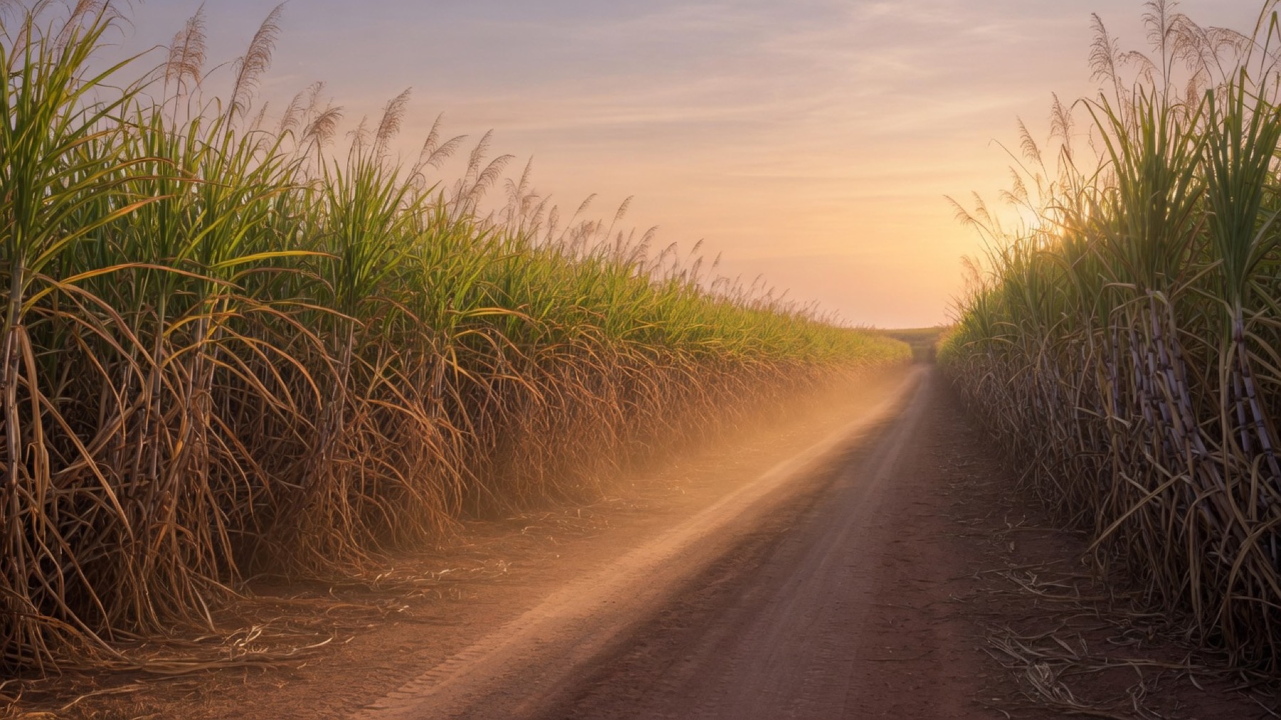 Sugarcane beside a rural track at sunset